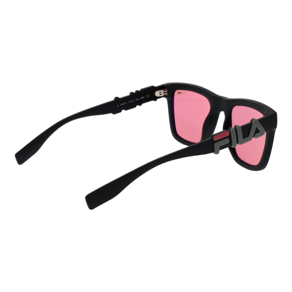 Zijaanzicht van de Fila zonnebril met roze glazen en zwart montuur.