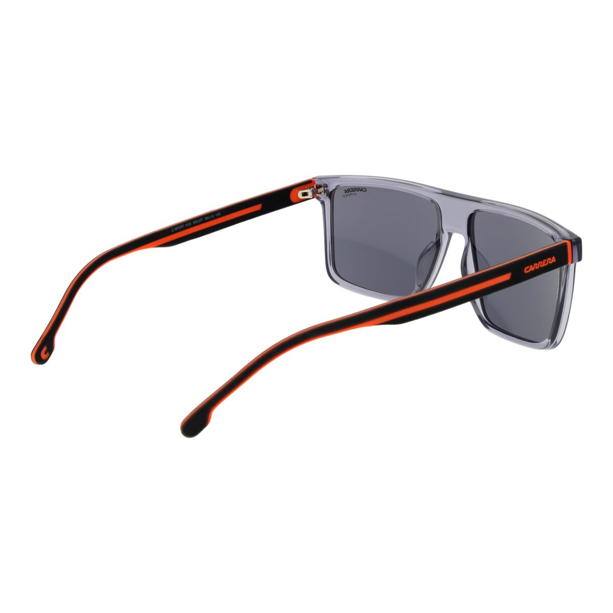 Zijaanzicht van de Carrera zonnebril met grijze glazen en oranje-accenten.