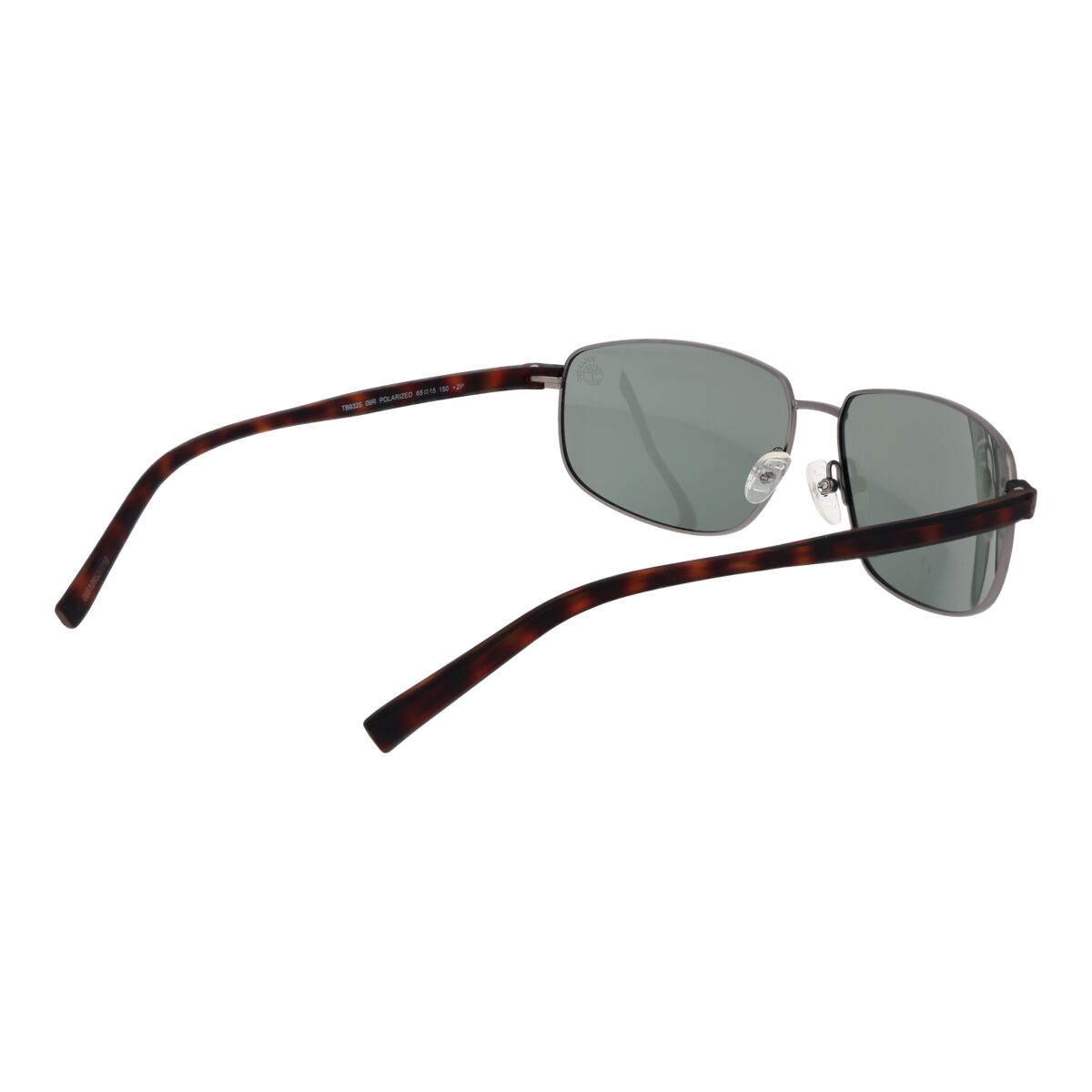 Detail van de Timberland TB9325 6509R zonnebril met bruin gevlekte pootjes en grijze glazen.