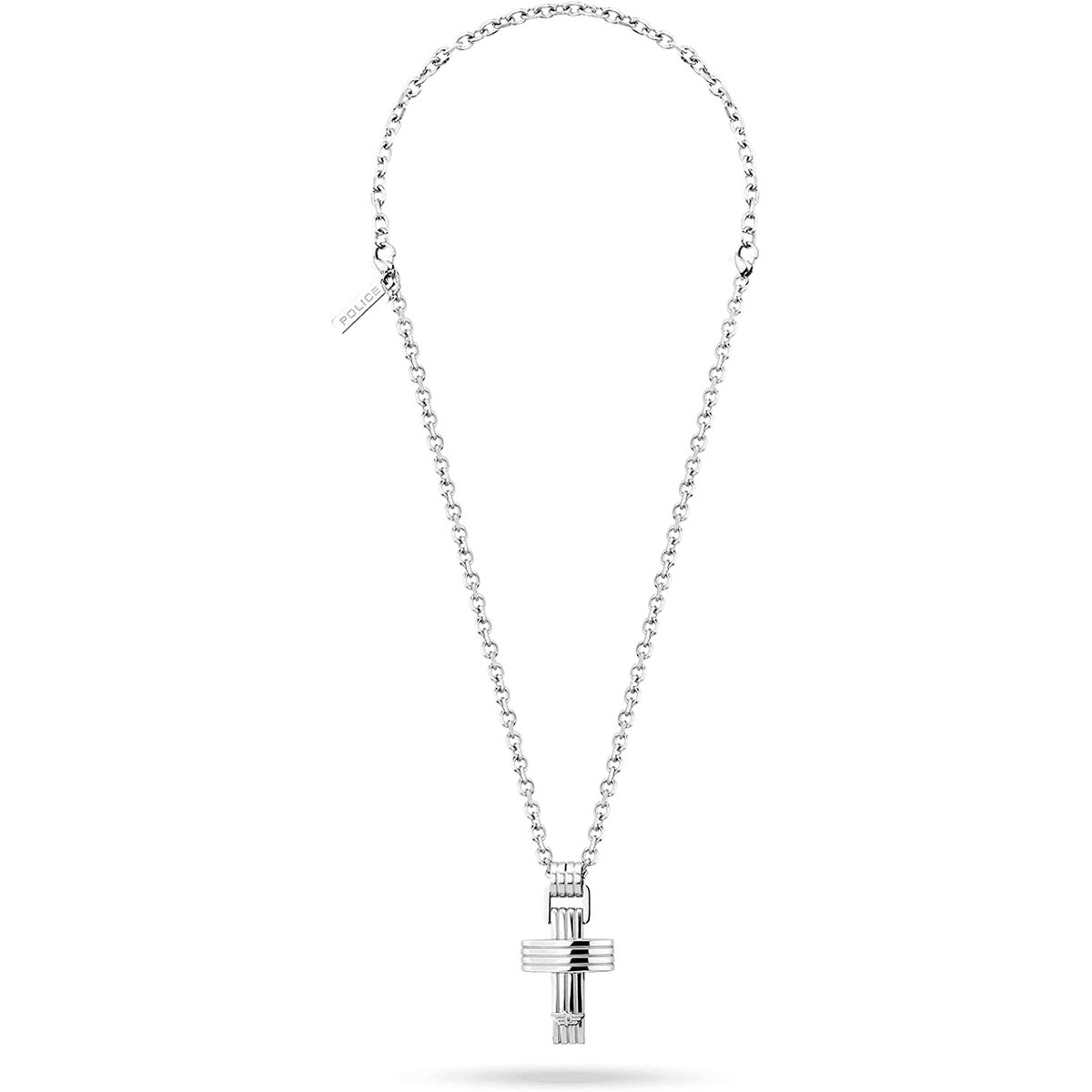 Detail van de grijze Police ketting met een moderne kruisvormige hanger.