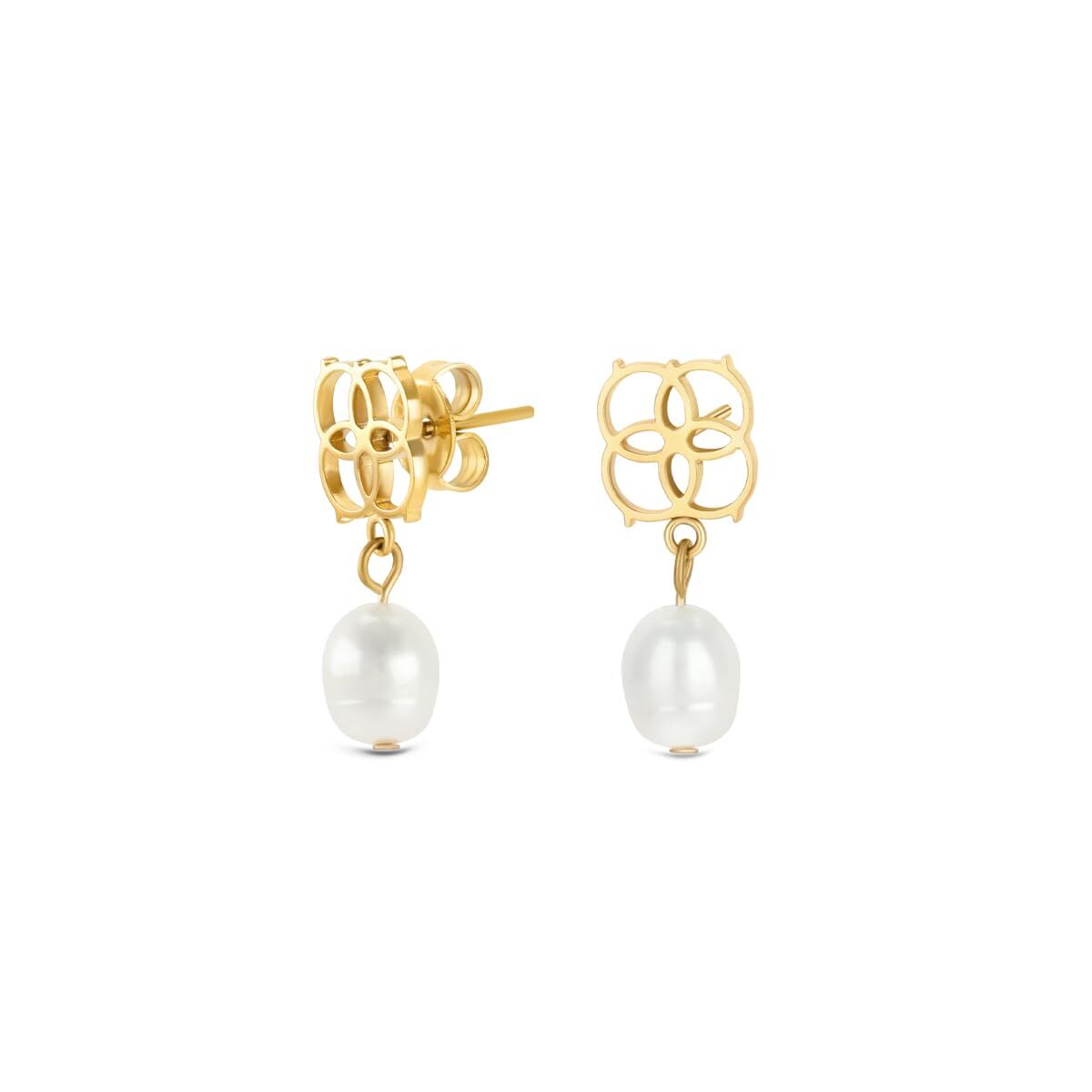 Gouden One Jewels oorbellen met elegante afwerking en parelhangertjes.
