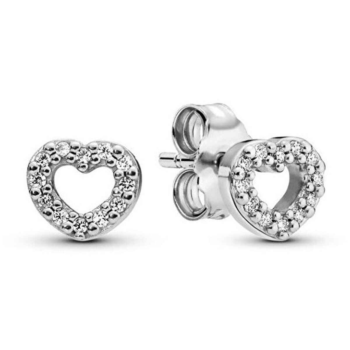 Pandora oorbellen in sterling zilver 925 met hartvorm en sprankelende details.