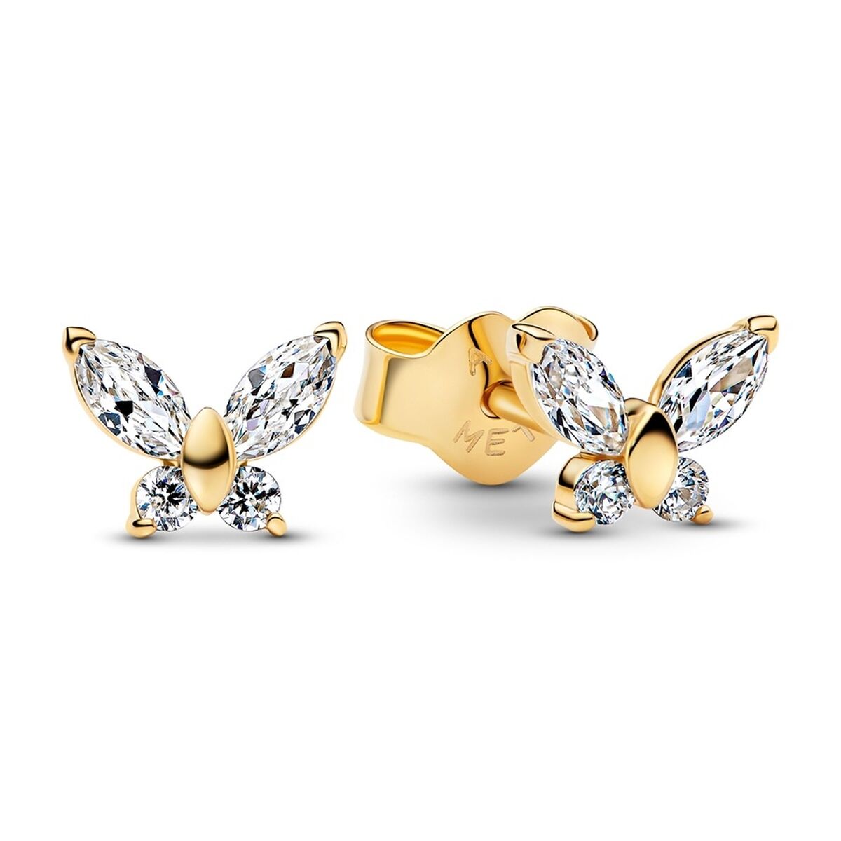 Gouden Pandora oorbellen met elegante vlinderontwerpen en sprankelende stenen.