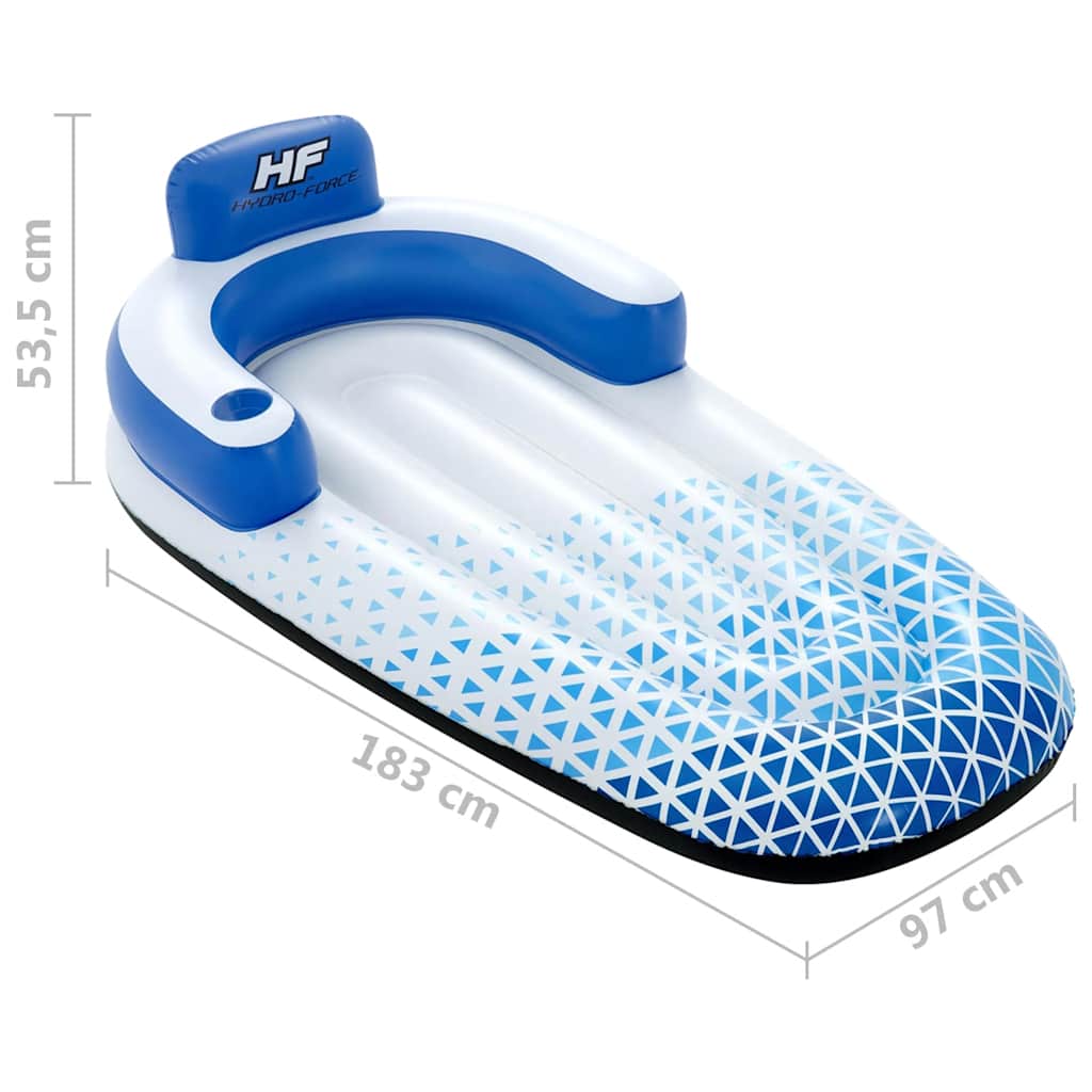 Detail van het Bestway Hydro-Force drijfbed met rugleuning in blauw en wit, zijaanzicht.