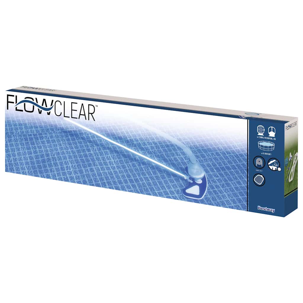 Detail van de verpakking van de Bestway Flowclear AquaClean zwembadreinigingsset.