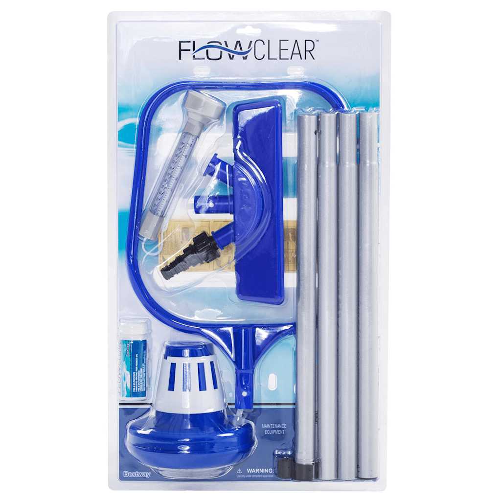 Detail van de Bestway Flowclear onderhoudsset met accessoires voor zwembadonderhoud.