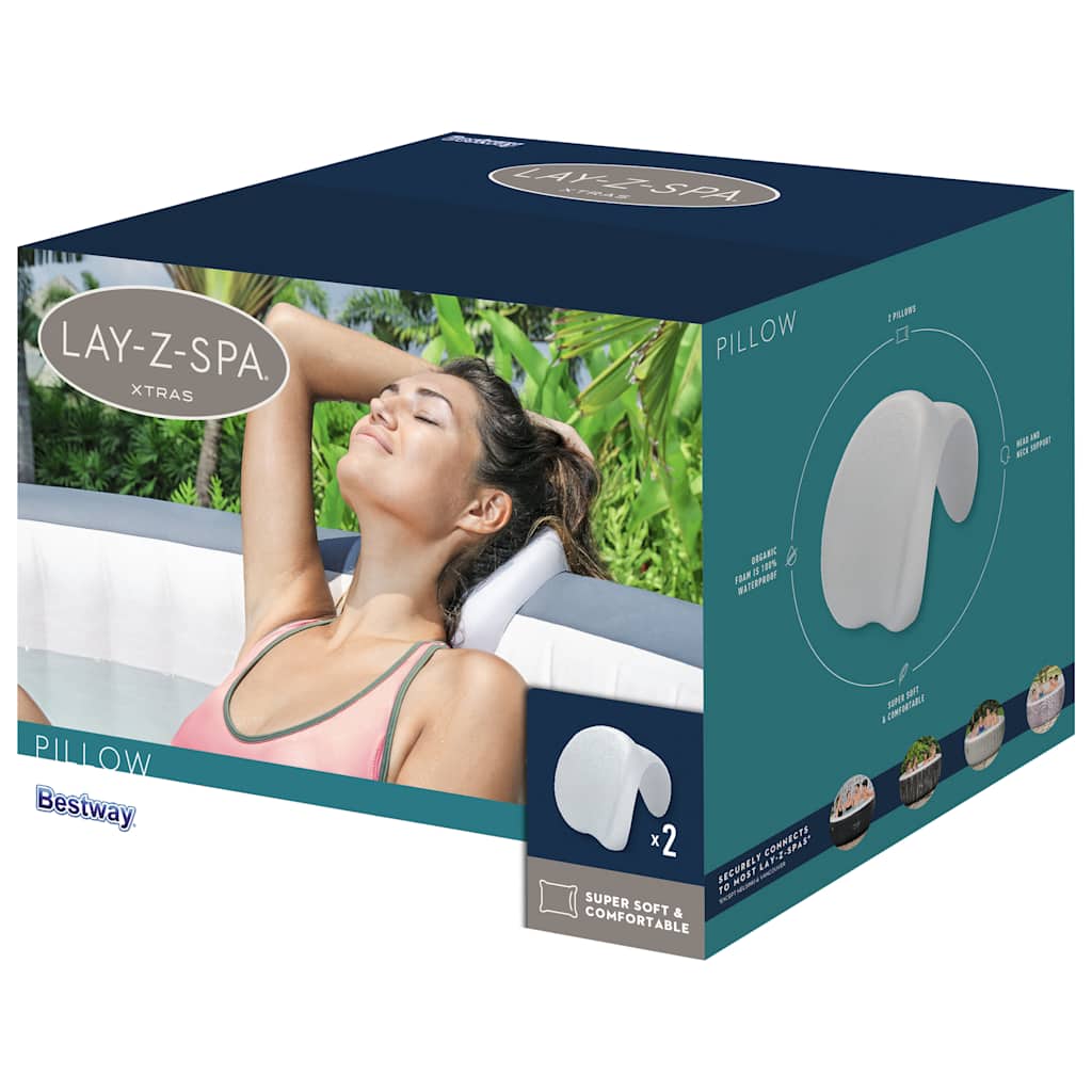 Detail van het Bestway Lay-Z-Spa kussen met een vrouw die het gebruikt in een spa.