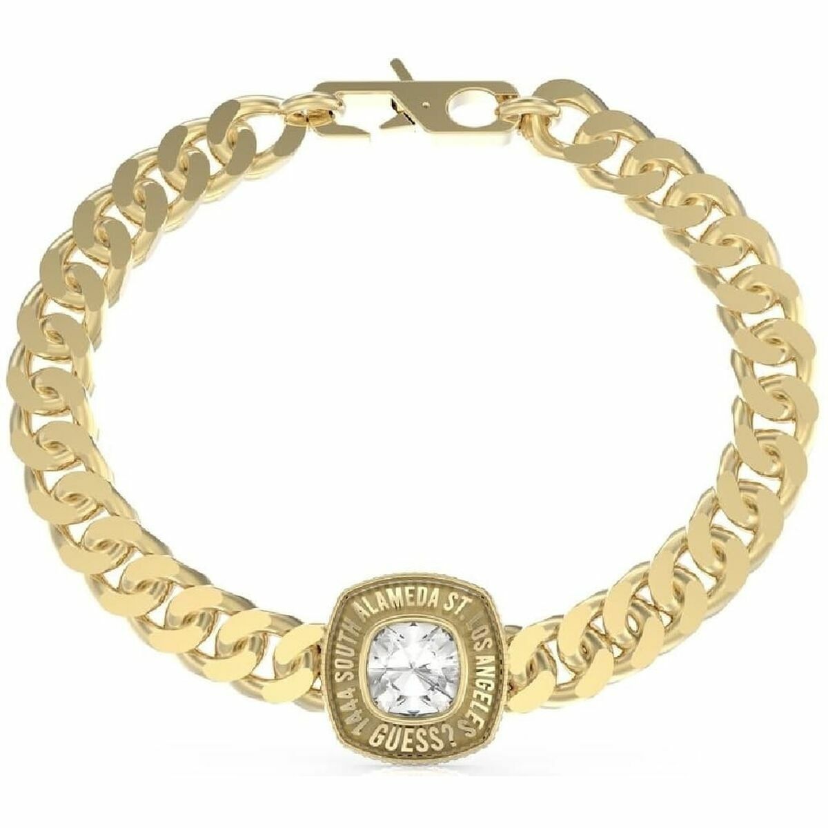 Goudkleurige Guess armband voor dames met een elegante schakel en strass-steen.