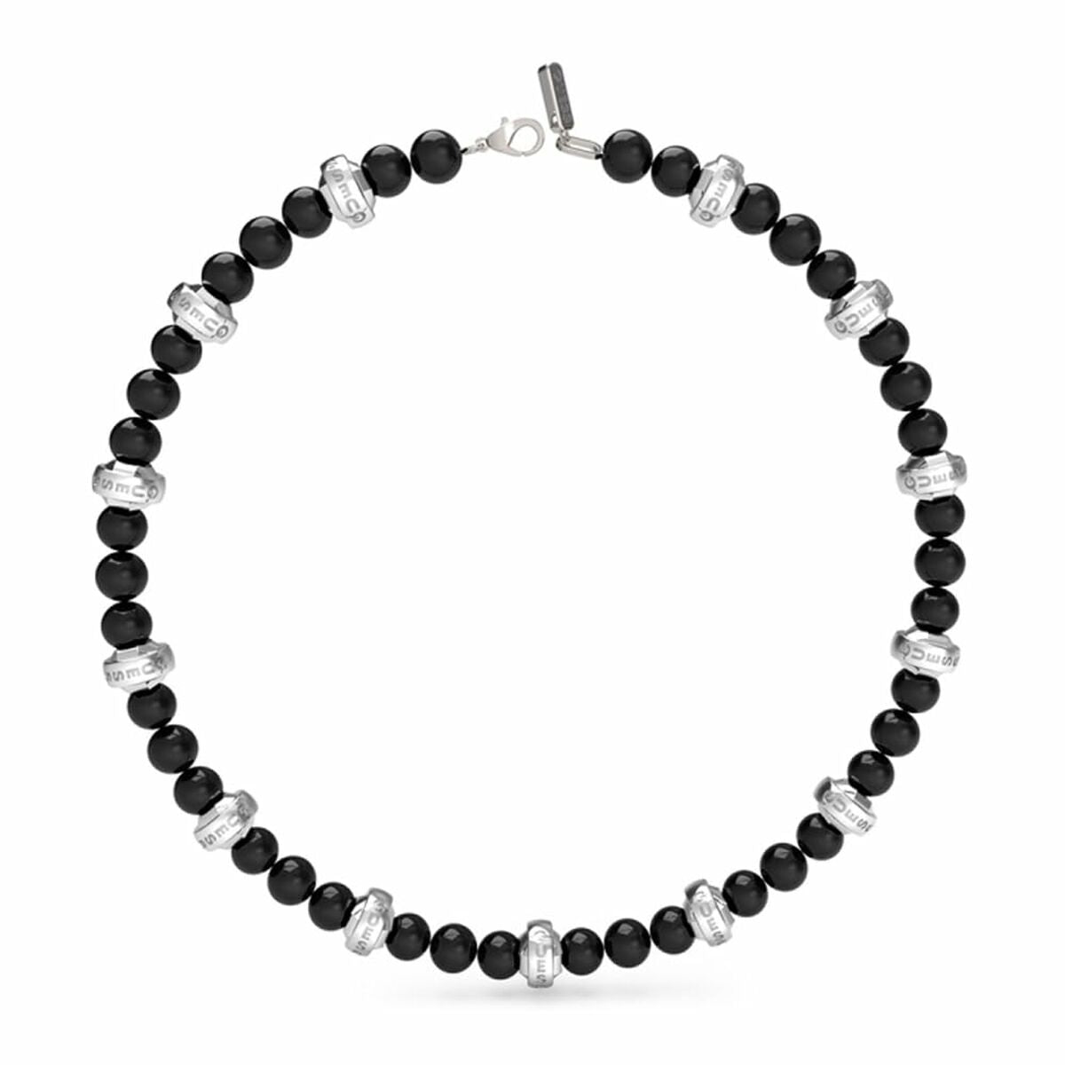 Zilveren Guess armband met zwarte kralen, elegant en tijdloos design.