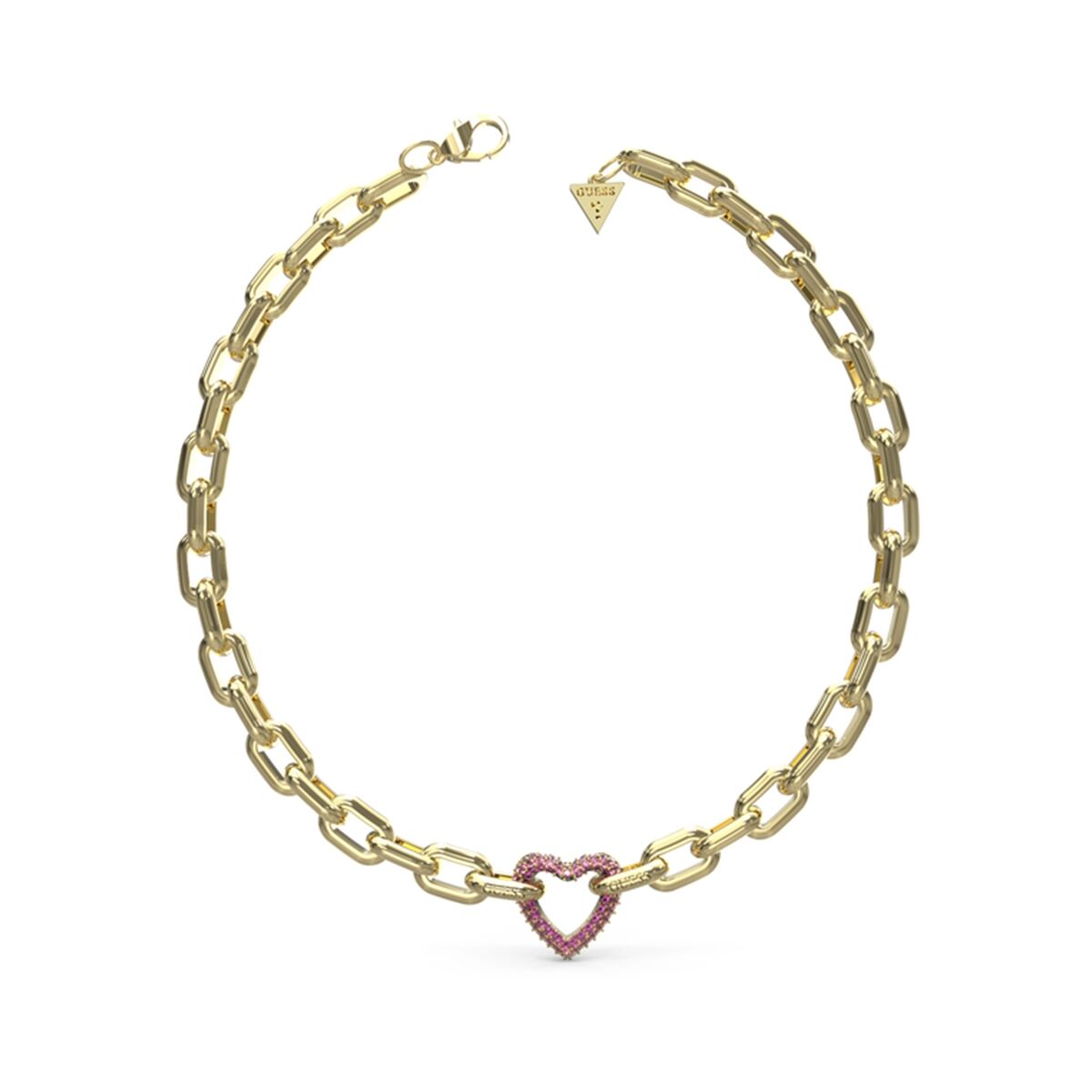 Gouden Guess damesketting met een hartvormige hanger, elegant en duurzaam design.