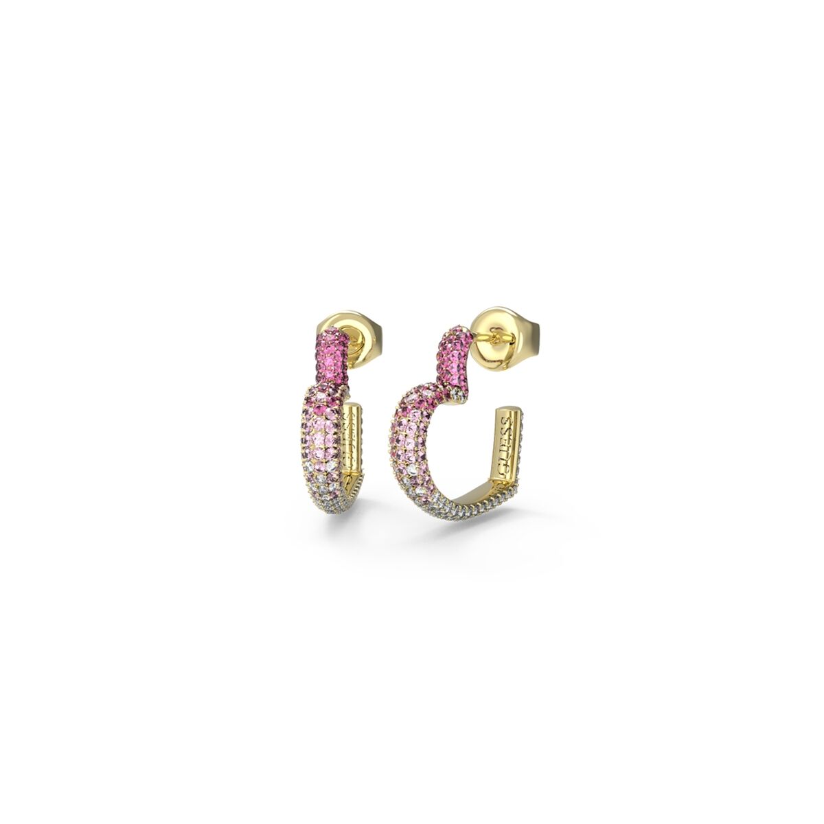 Gouden Guess oorbellen met elegante afwerking en roze steentjes.