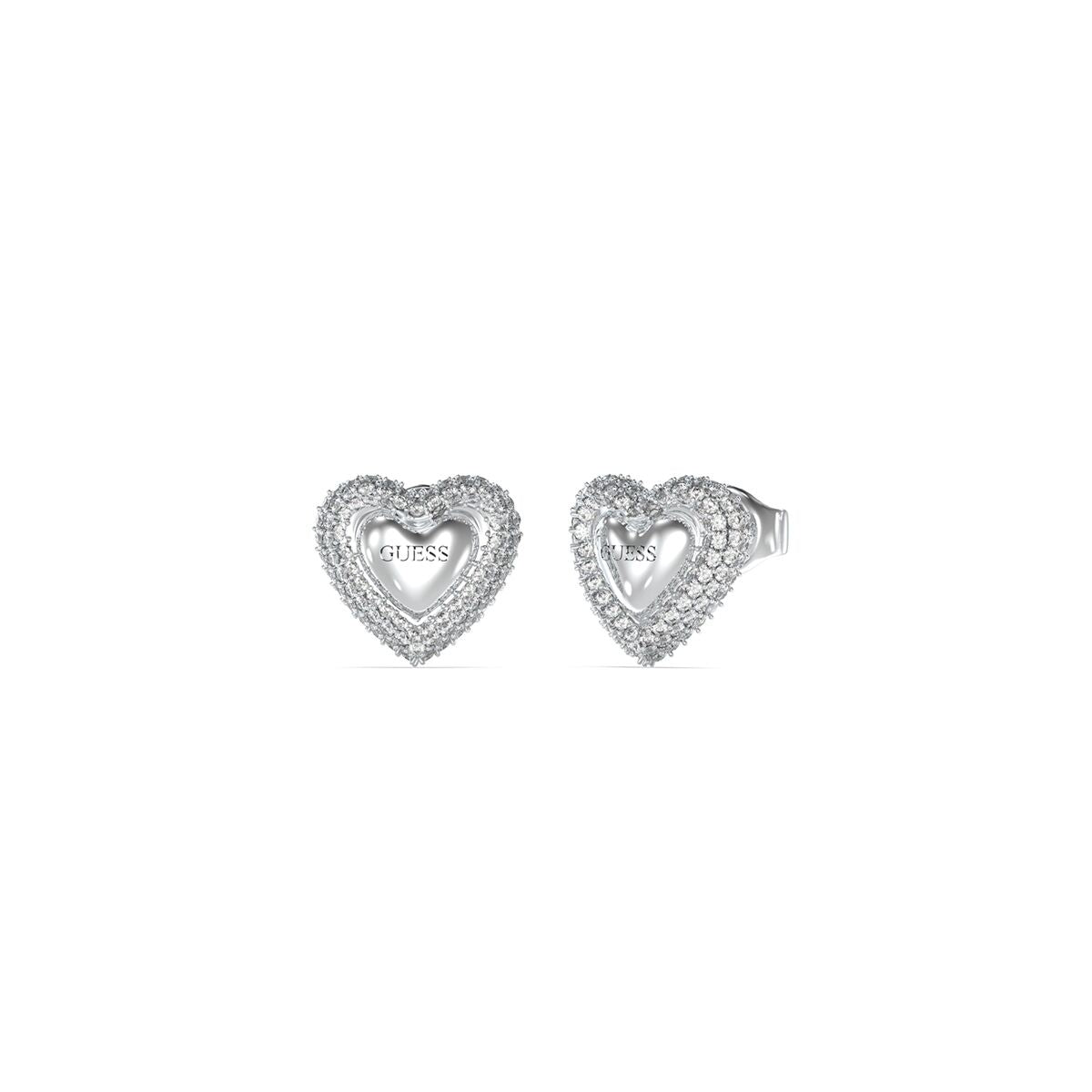 Zilverkleurige Guess oorbellen in hartvorm, versierd met strass-steentjes.