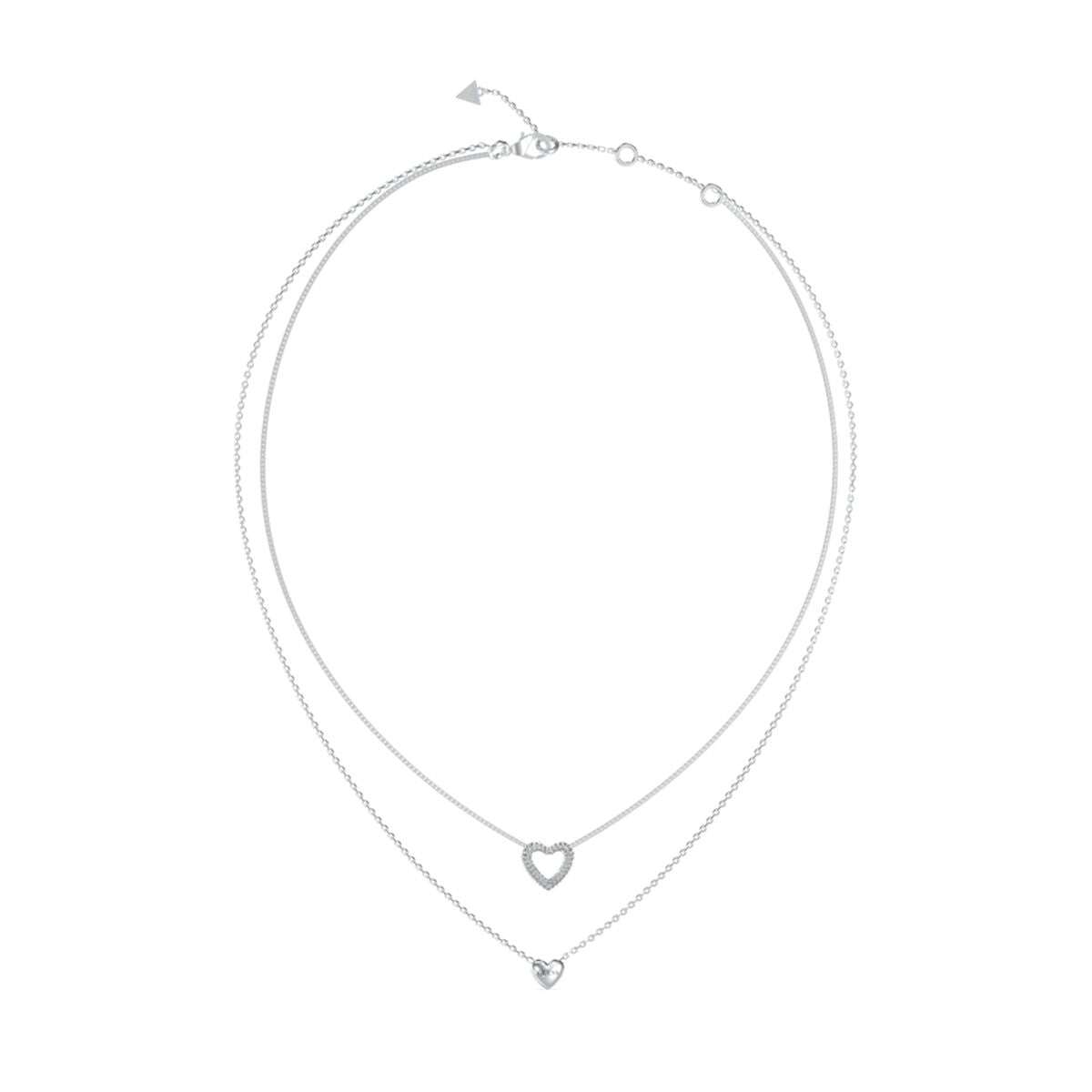 Zilverkleurige Guess damesketting met verfijnd hartontwerp en dubbele kettinglagen.