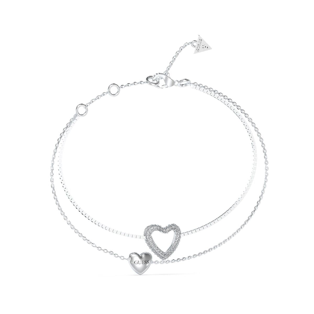 Zilverkleurige Guess armband voor dames met hartjesontwerp en glinsterende details.