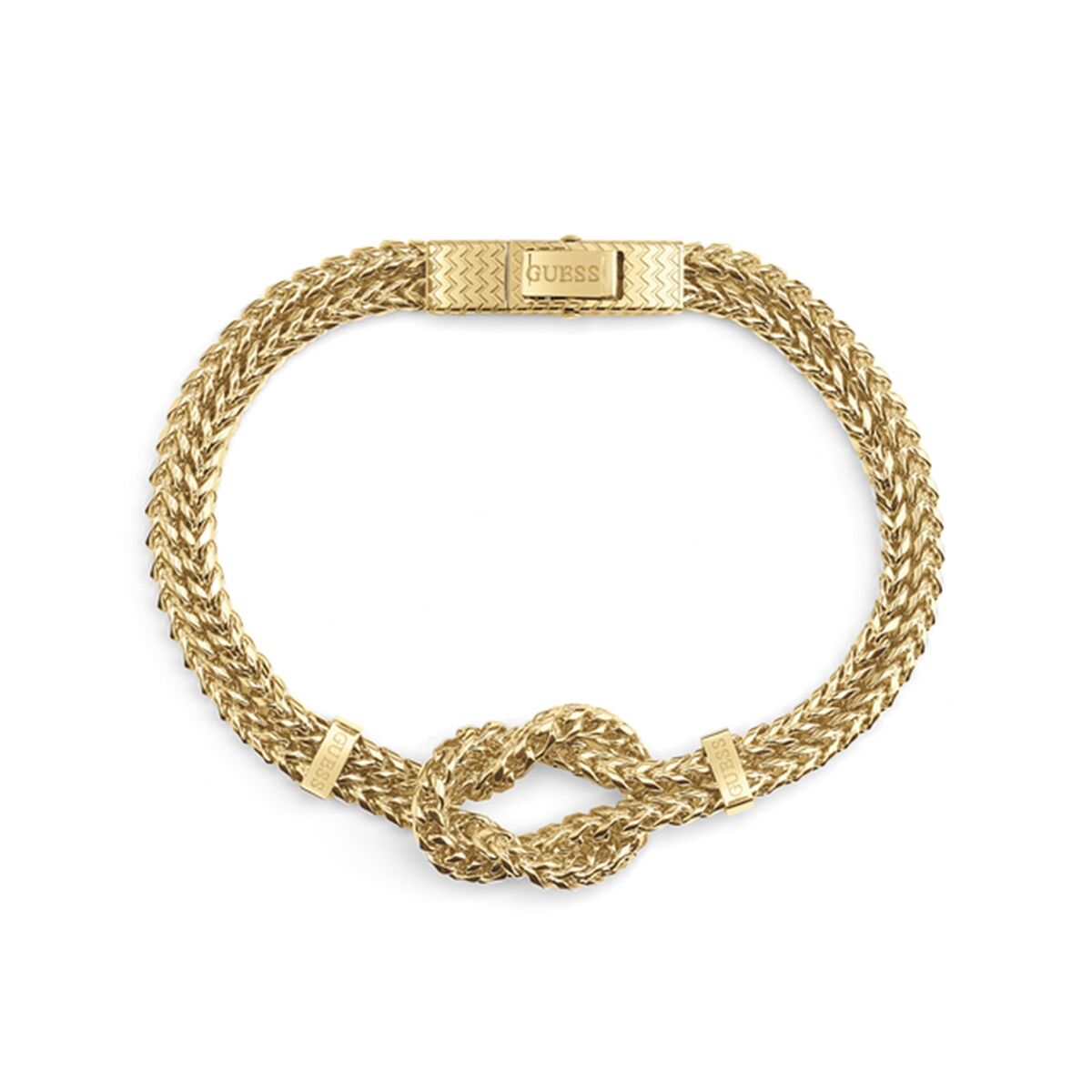 Gouden Guess armband voor dames met elegante afwerking en knoopdetail.