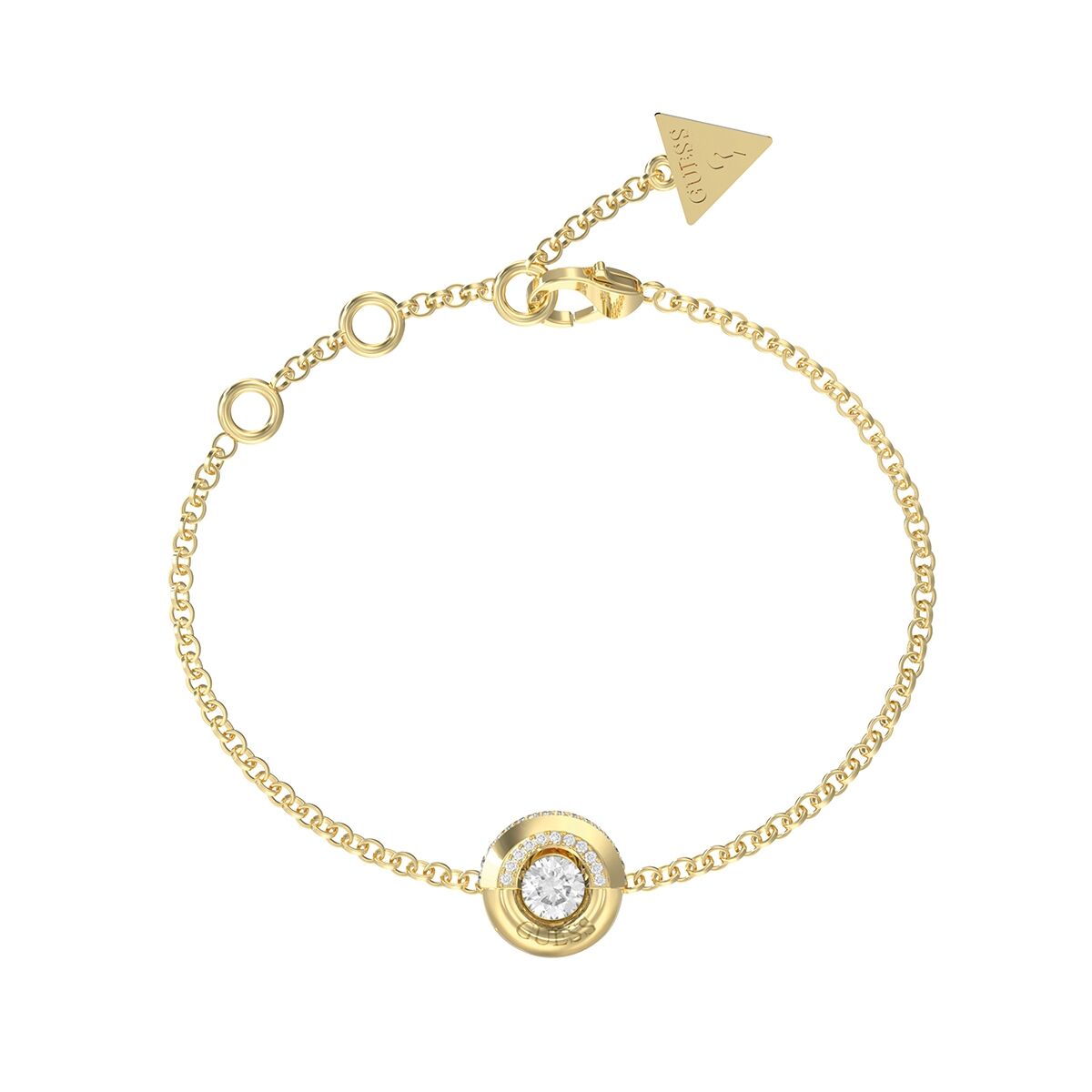 Gouden Guess armband voor dames met elegante schakel en strass-steen in het midden.