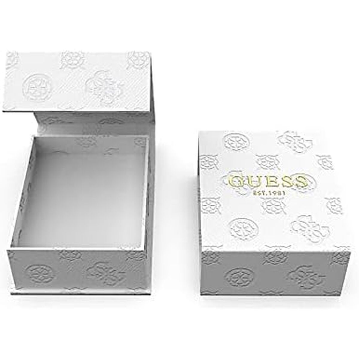 Witte Guess cadeauverpakking met logo, geopend en leeg, voor het horloge.