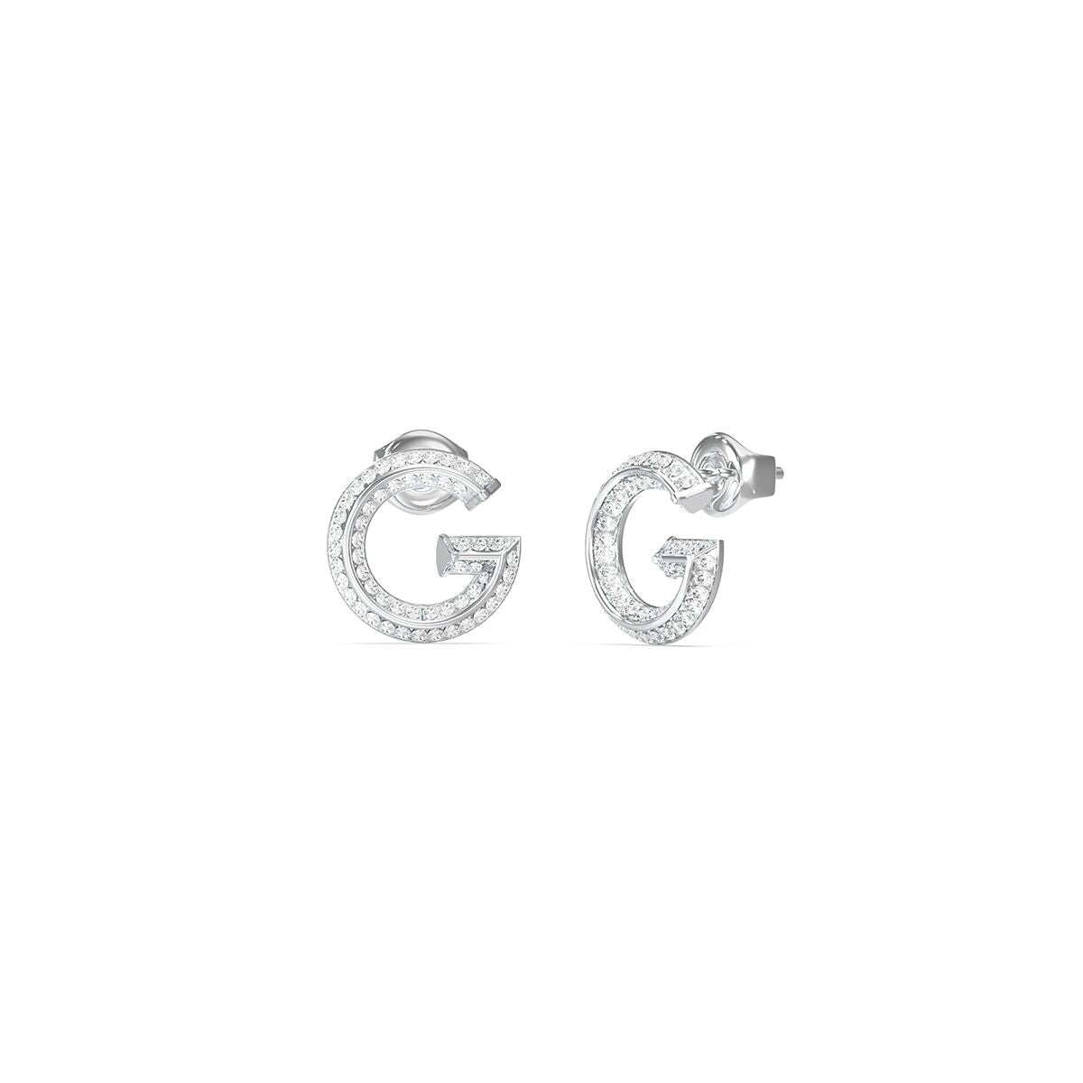 Zilverkleurige Guess oorbellen met elegant G-logo, perfect voor elke gelegenheid.