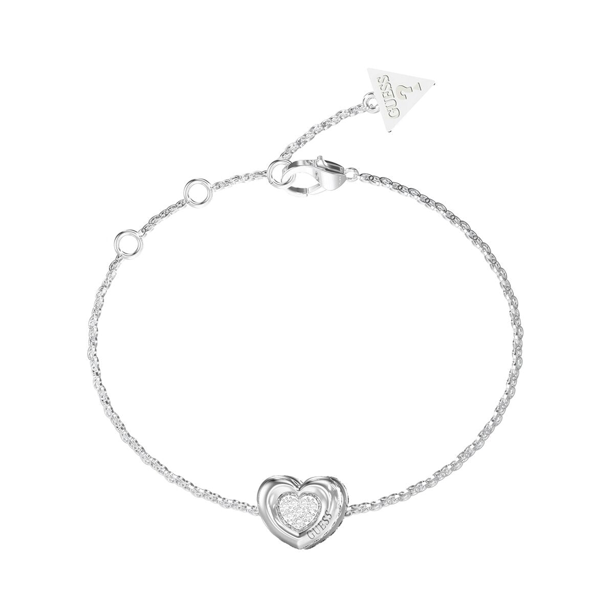 Zilverkleurige Guess armband met hartvormige hanger en sprankelende details.