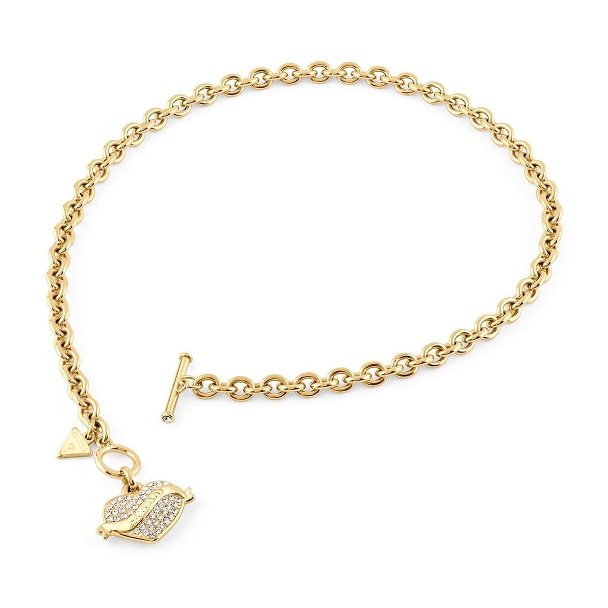 Gouden Guess armband met een lippenhanger, versierd met sprankelende steentjes.