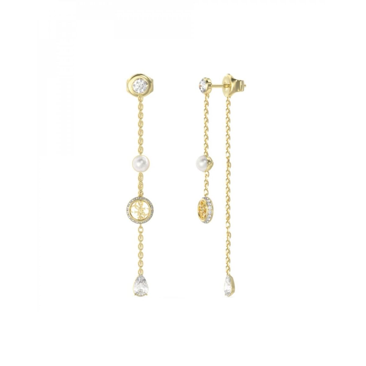 Gouden Guess oorbellen met parels en sprankelende stenen in een elegant ontwerp.