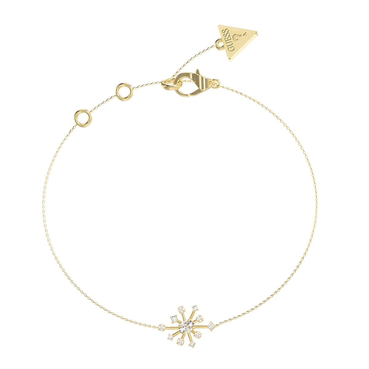 Gouden Guess armband voor dames met elegante stervormige hanger en sprankelende details.