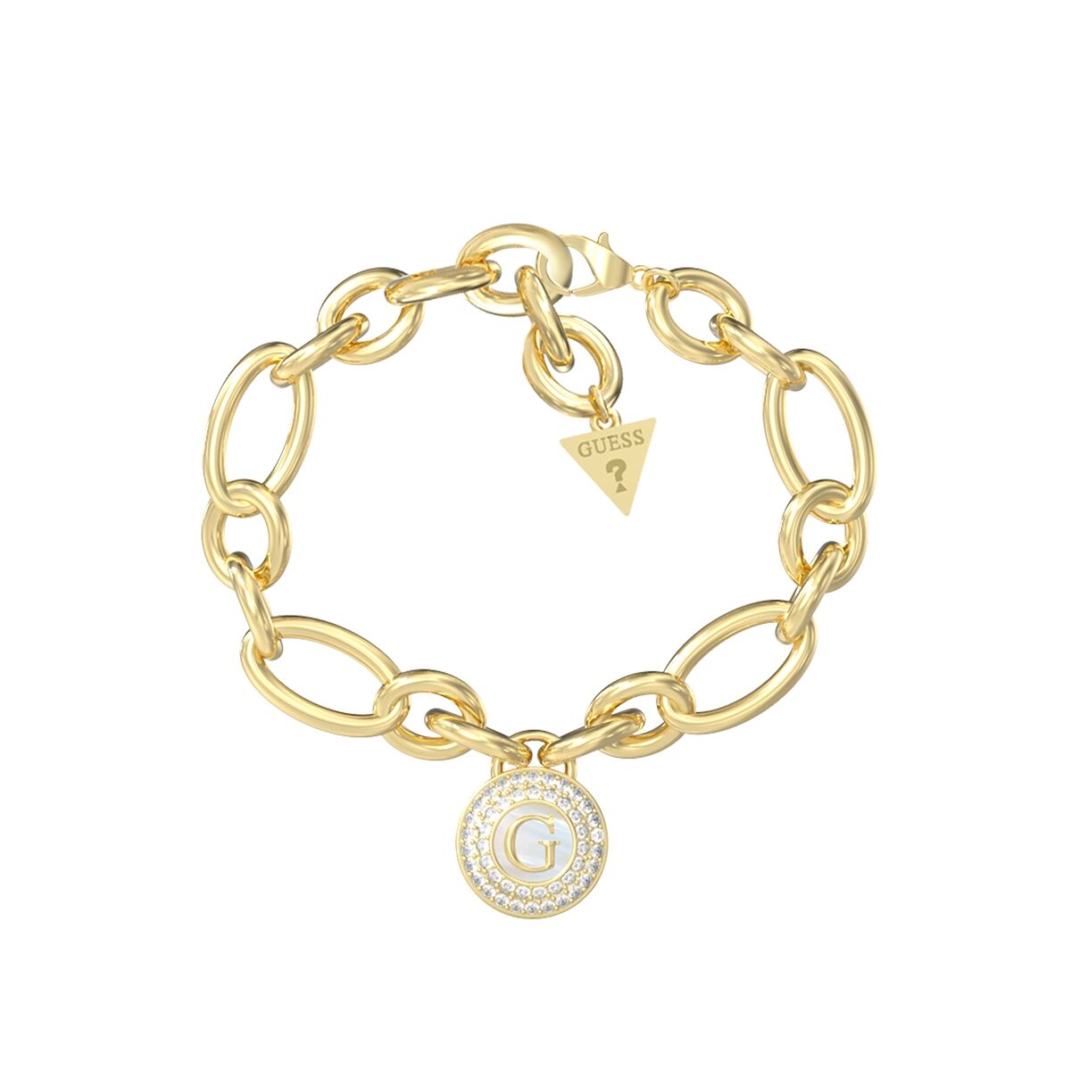 Gouden Guess armband met schakelontwerp en opvallende G-hanger.