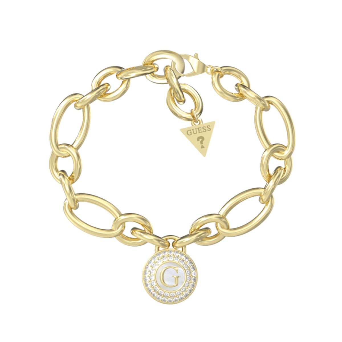 Gouden Guess armband voor dames met elegante schakel en opvallende logo-hanger.