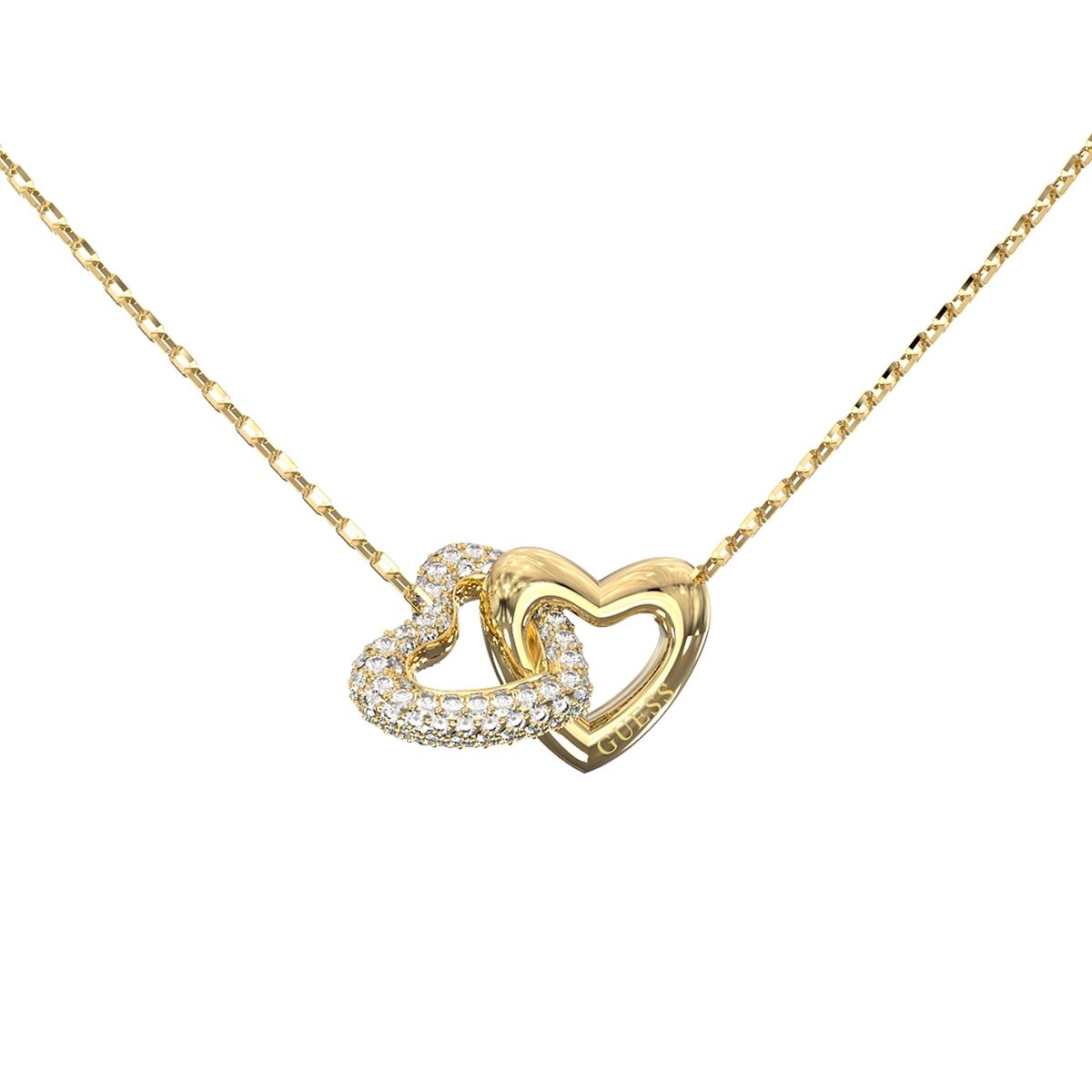 Gouden Guess ketting met twee hartvormige bedels, versierd met sprankelende stenen.
