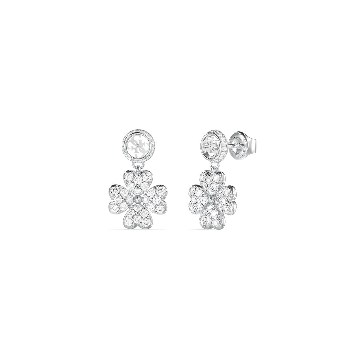 Zilverkleurige Guess oorbellen met elegant bloemdesign en sprankelende details.