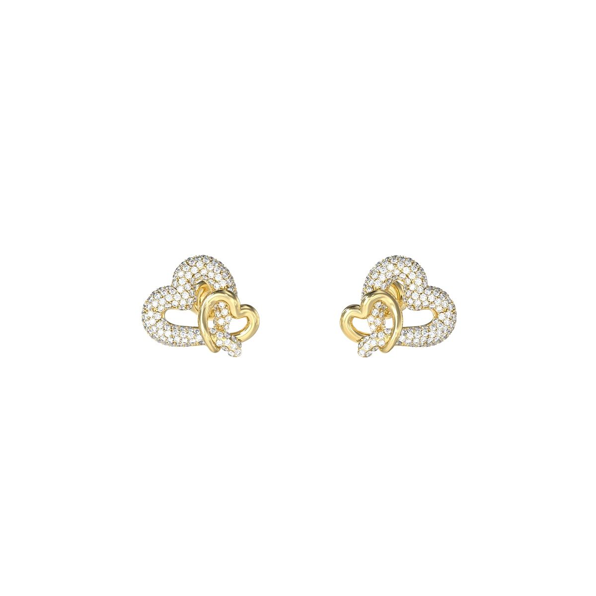 Gouden Guess oorbellen met elegante hartvorm en sprankelende details.