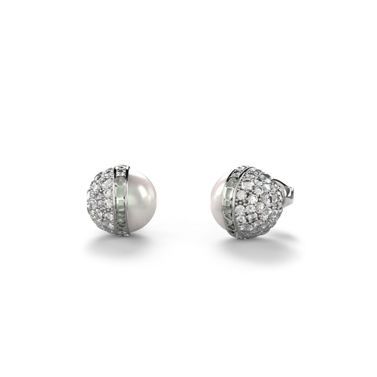 Zilverkleurige Guess oorbellen met elegante parel en sprankelende details.