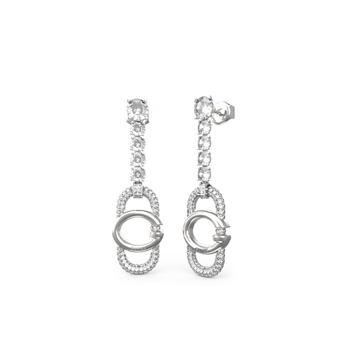 Zilverkleurige Guess oorbellen met trendy ontwerp en sprankelende details.