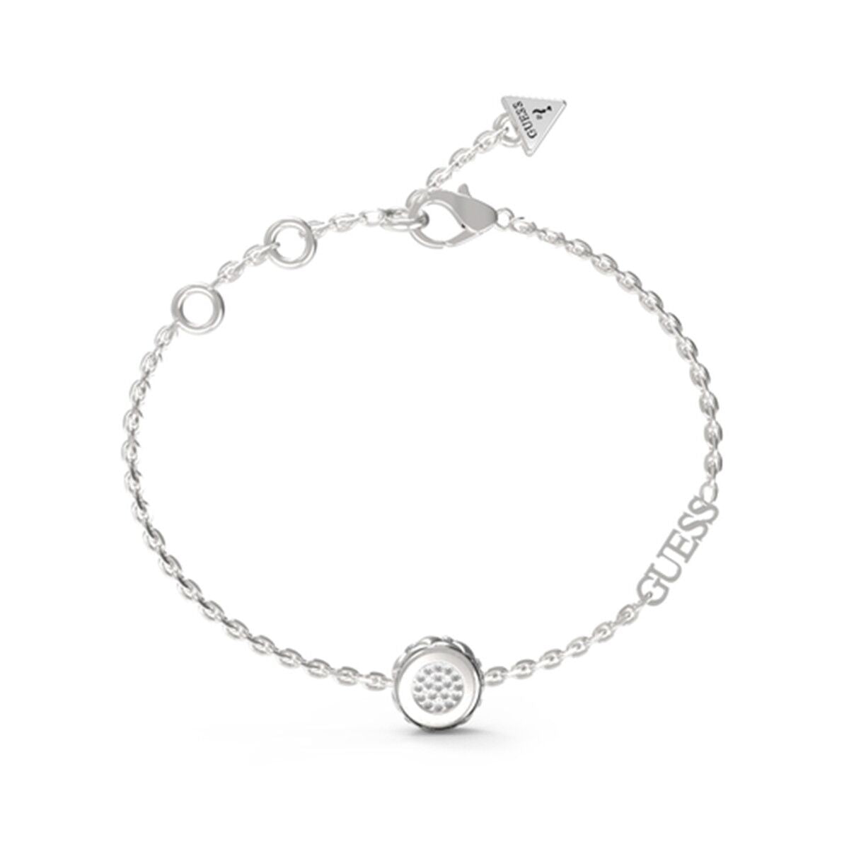 Zilverkleurige Guess armband voor dames met elegante schakels en logo.