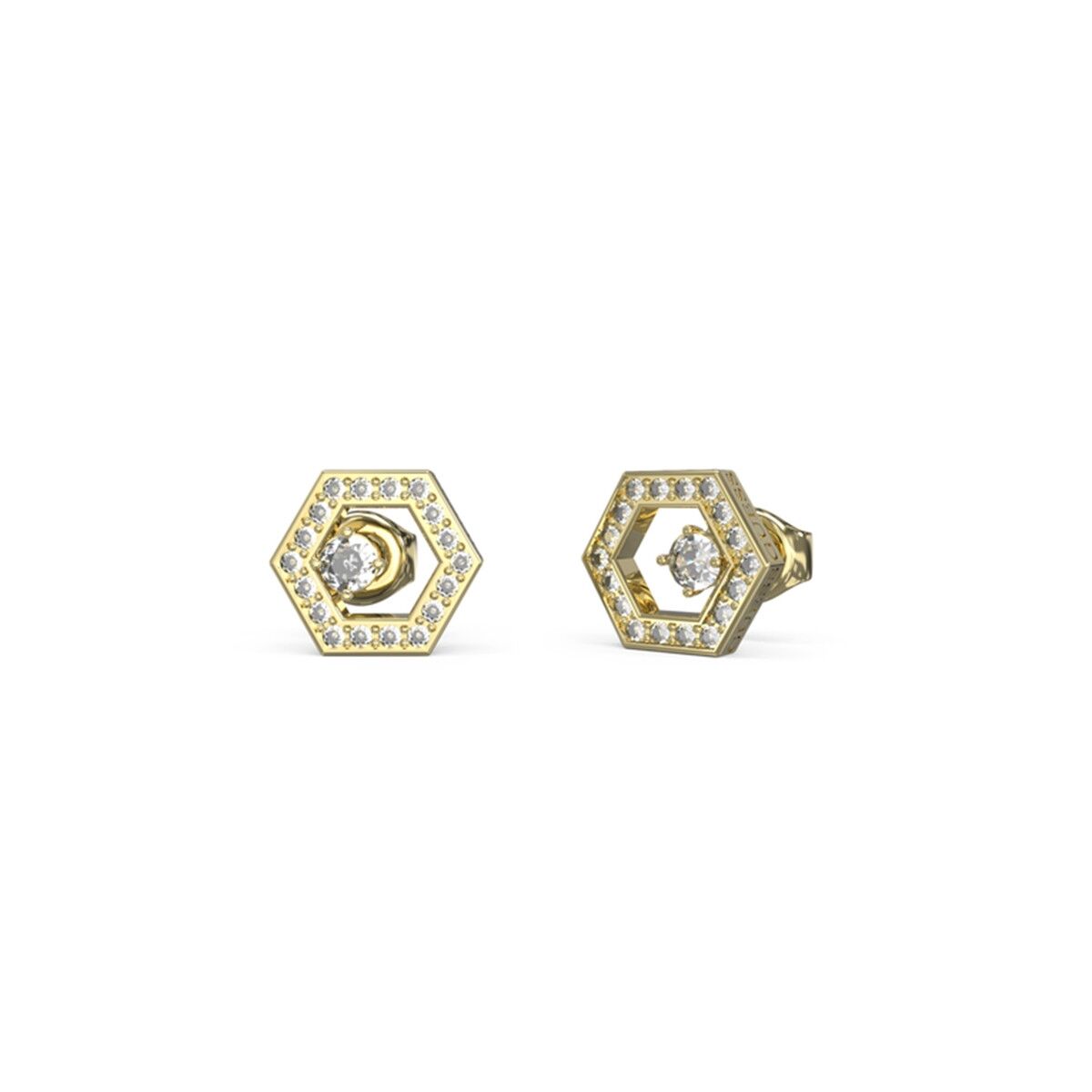 Gouden Guess oorbellen met hexagonaal ontwerp en sprankelende stenen.