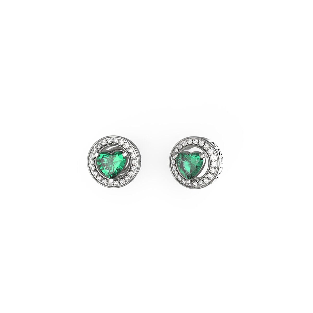 Elegante Guess oorbellen met groene hartvormige stenen en sprankelende details.