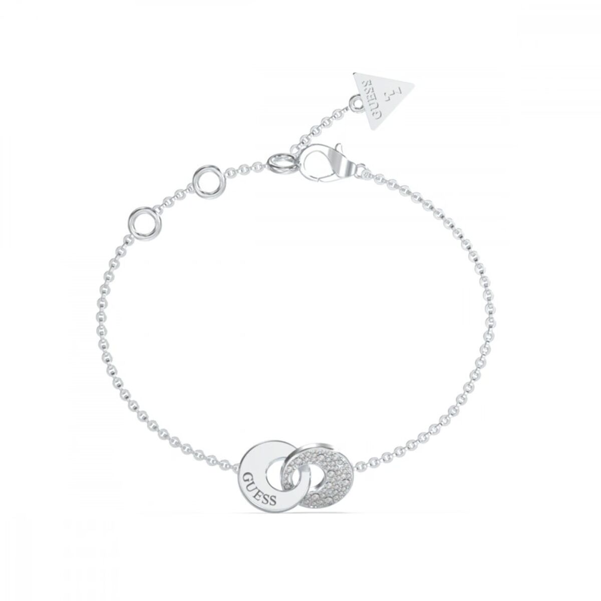 Zilverkleurige Guess armband voor dames met stijlvolle schakels en logo.