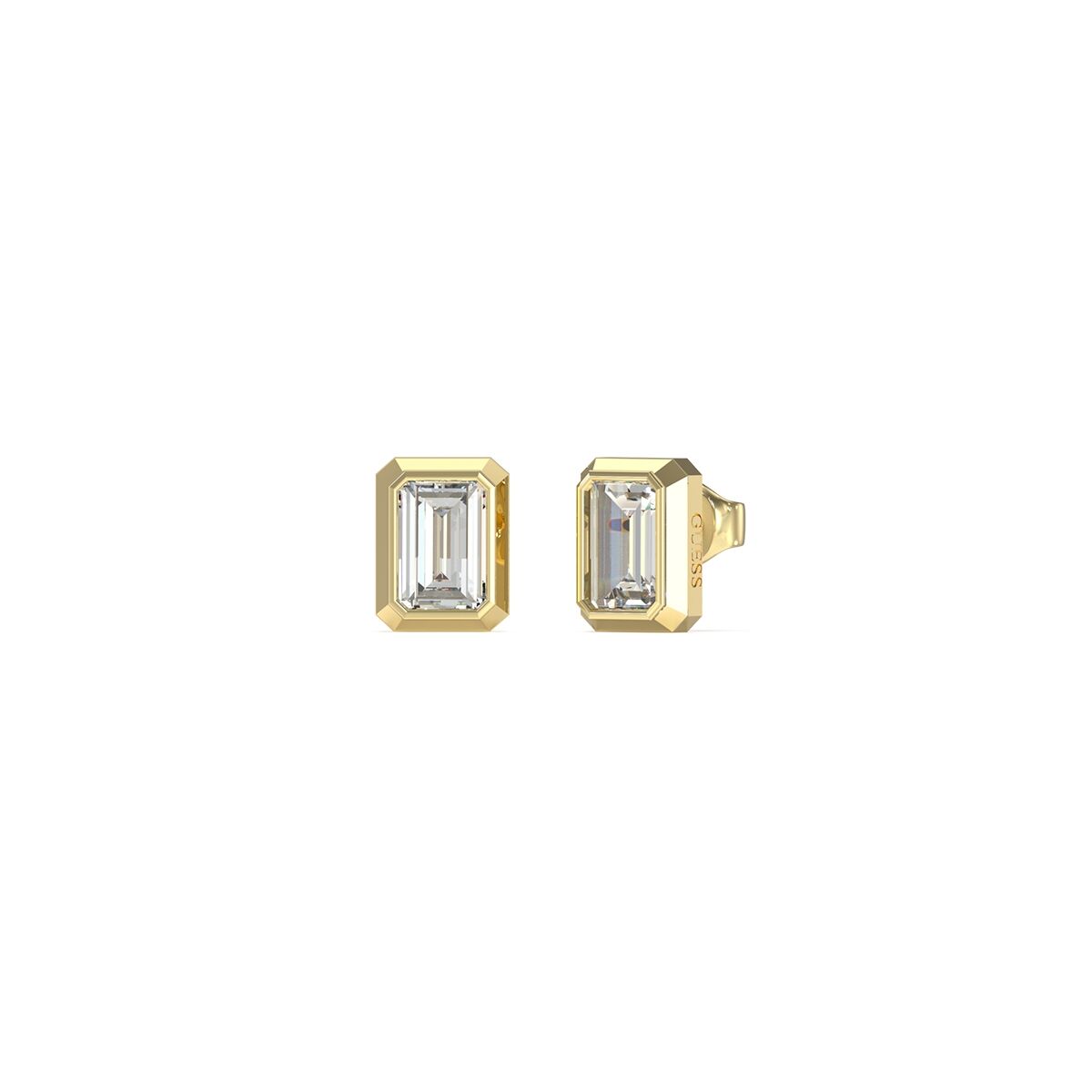 Gouden Guess oorbellen met elegante rechthoekige stenen, perfect voor elke gelegenheid.