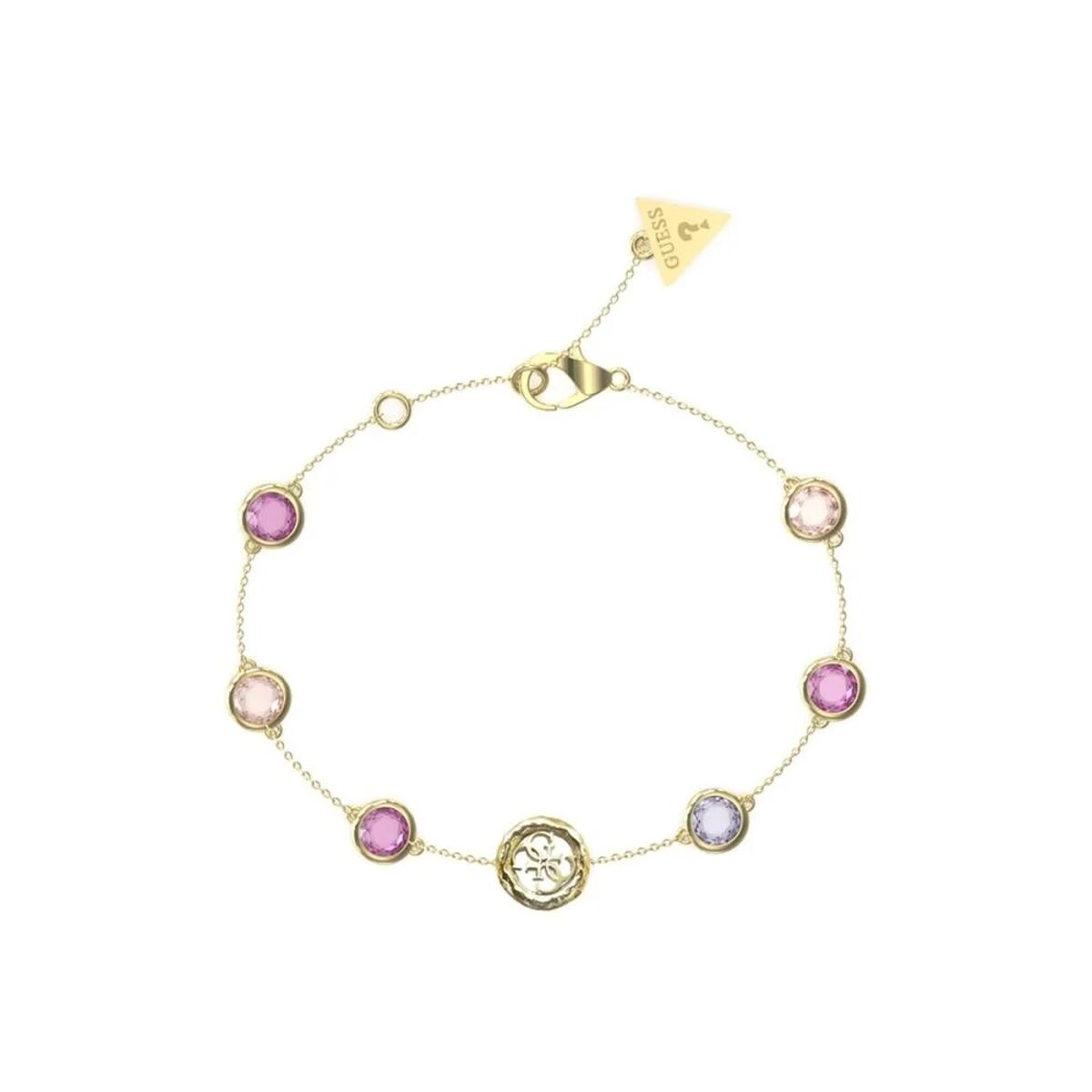 Gouden Guess armband voor dames met kleurrijke stenen en elegante details.