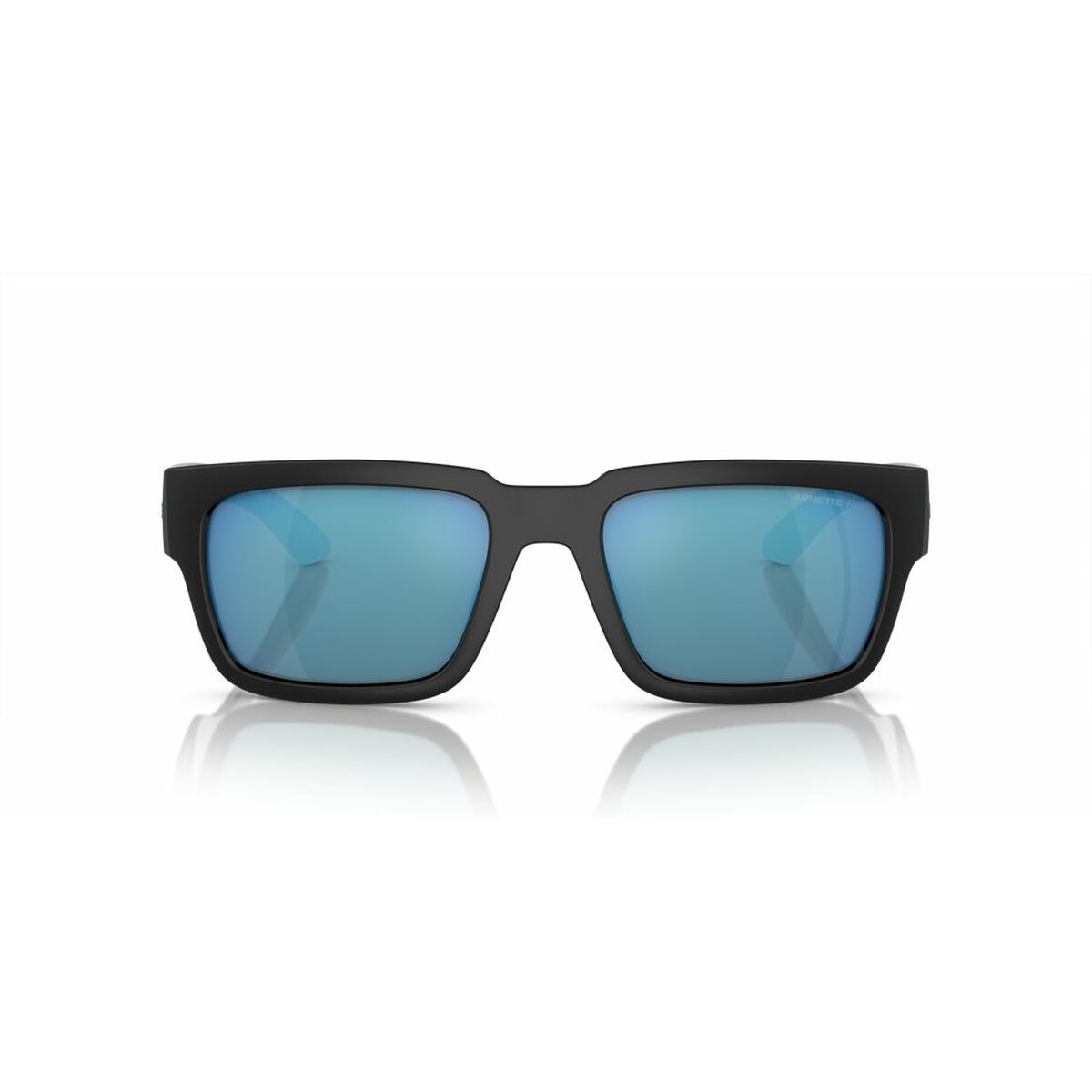 Zijaanzicht van de Arnette zonnebril met blauwe lenzen en een zwart montuur.