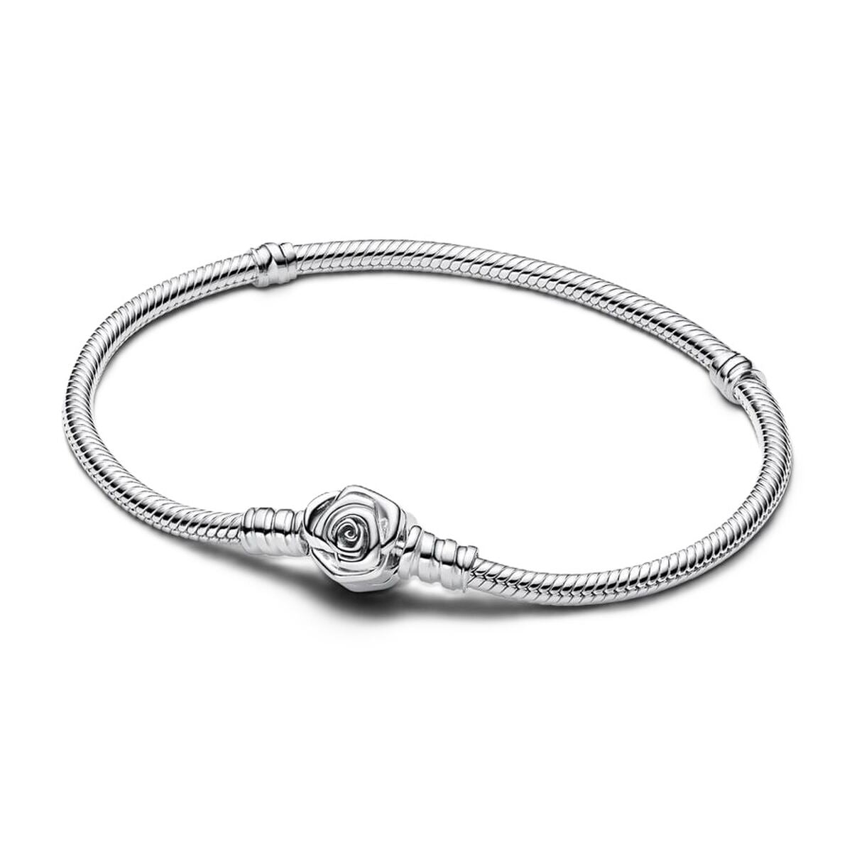 Zilverkleurige Pandora armband voor dames met elegante rozenbedel, 19 cm.