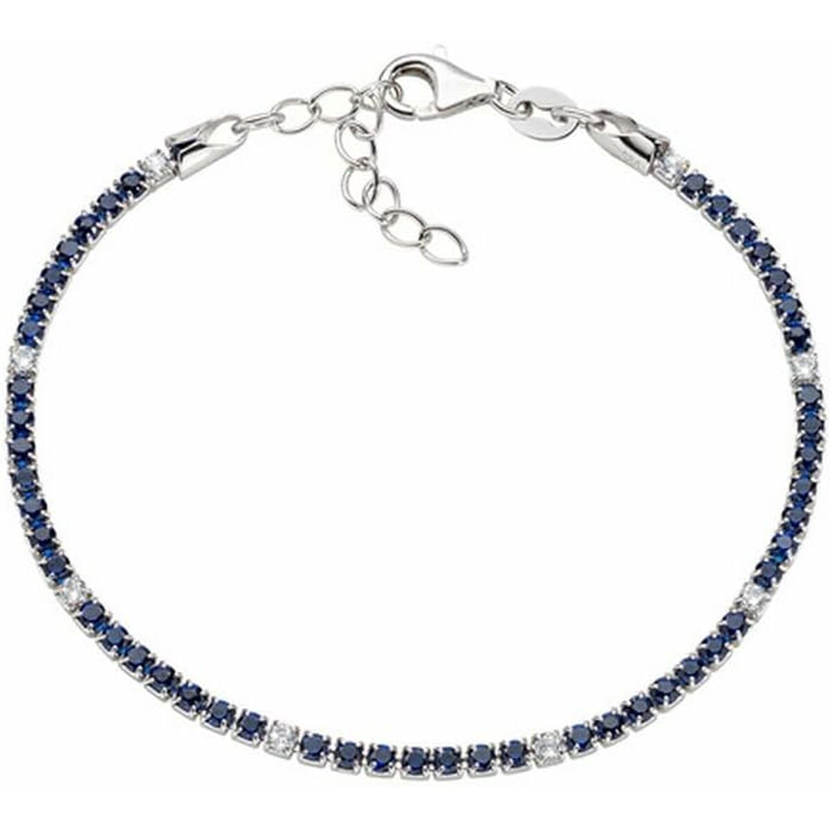 Zilveren Amen armband met blauwe en transparante stenen, elegant en verfijnd ontwerp.