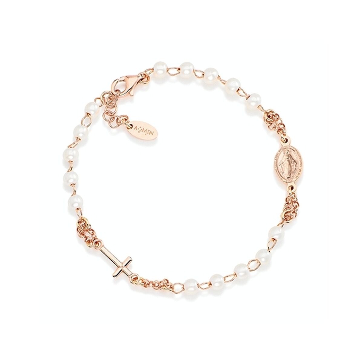 Elegante Amen armband voor dames met parel en kruis, in roségoud.