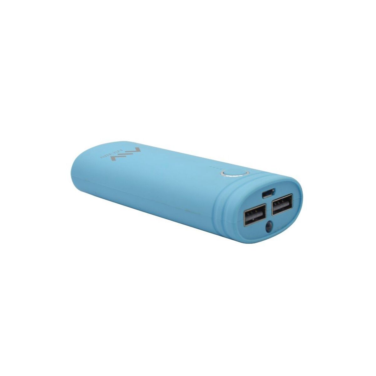 Zijaanzicht van de Myway Powerbank in blauw met twee USB-poorten.