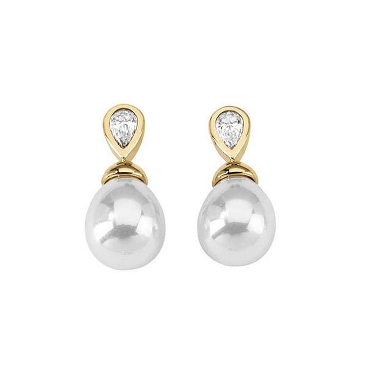 Elegante Majorica oorbellen met parelvormige hanger en gouden details.