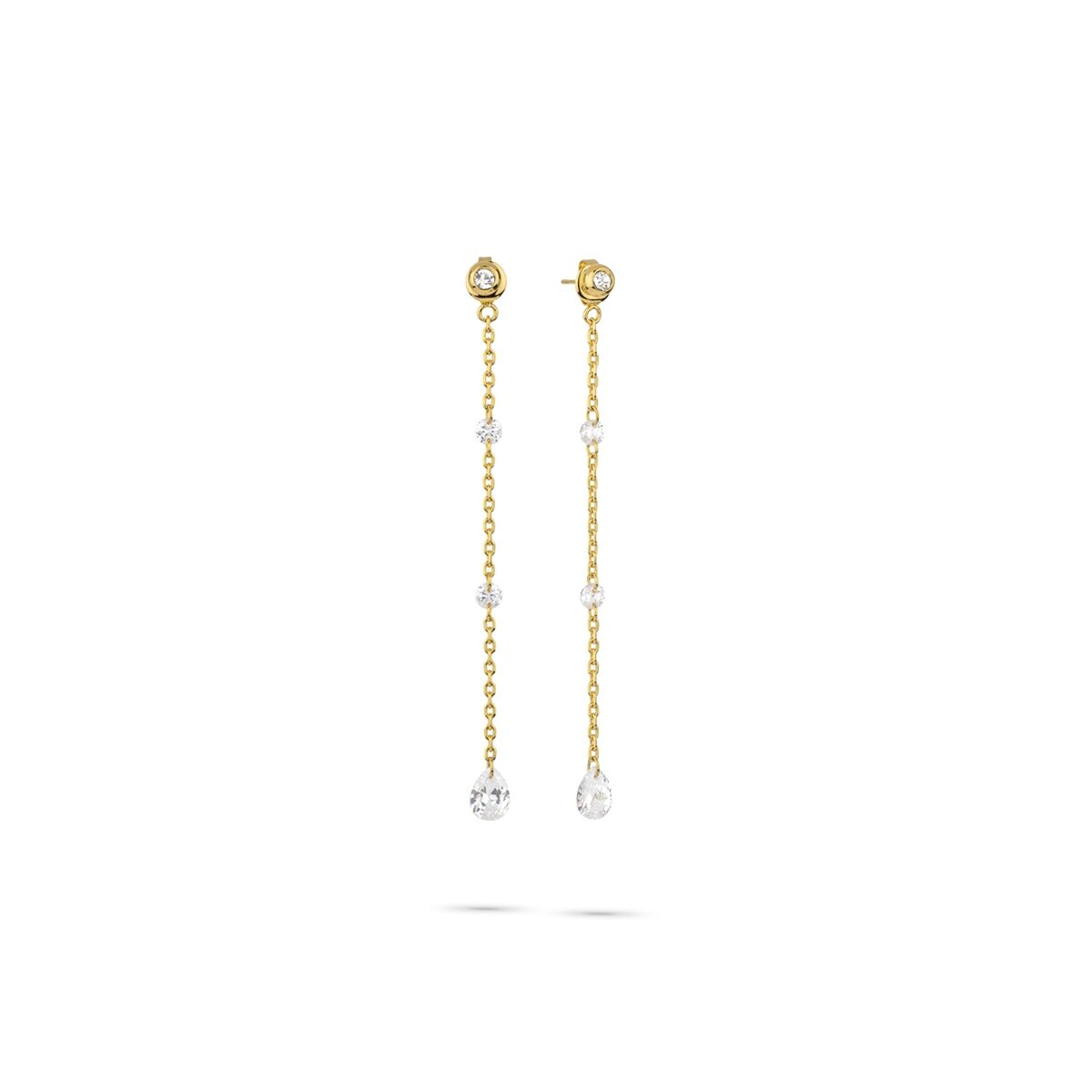 Gouden Radiant oorbellen met elegante hangers en sprankelende details.
