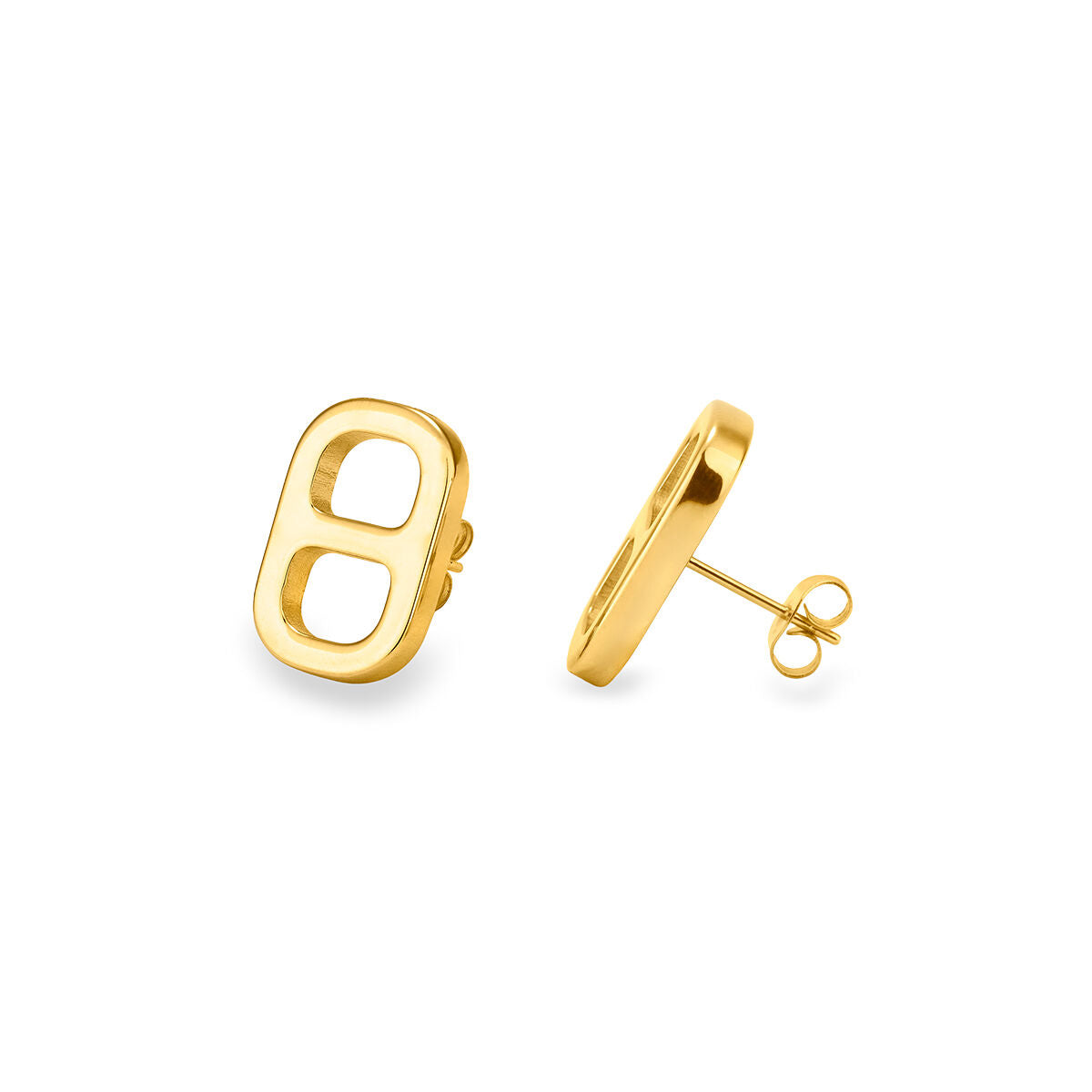 Detail van de gouden Radiant oorbellen met een elegant en modern design.