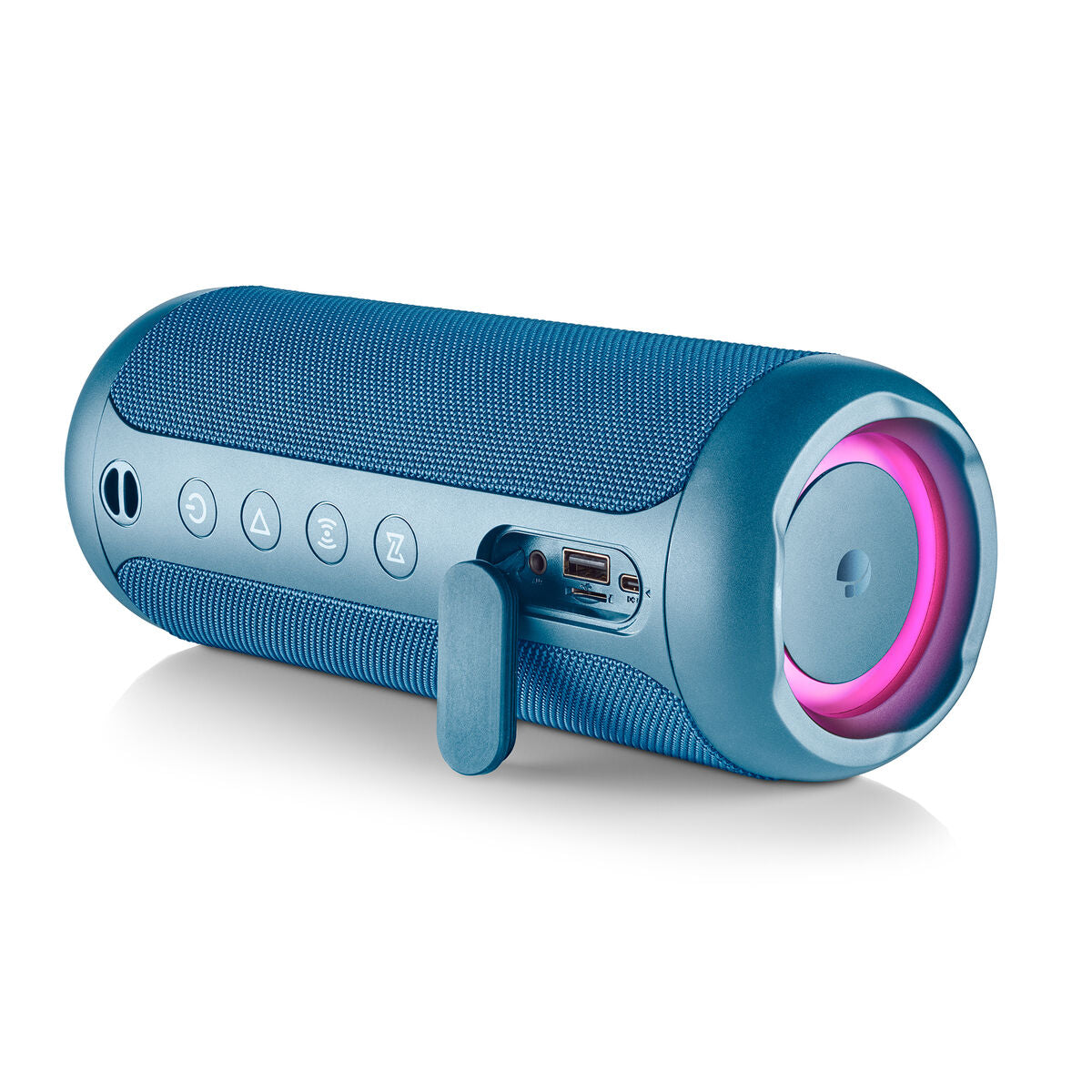 Detail van de blauwe NGS Roller Furia 2 luidspreker met bedieningselementen en USB-aansluiting.