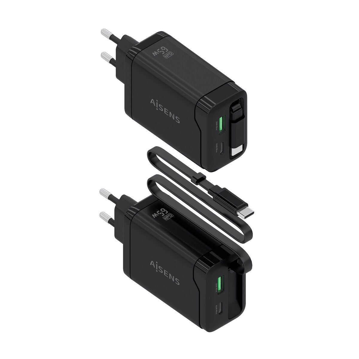 Zijaanzicht van de Aisens 65W oplader in zwart met USB-C aansluiting.
