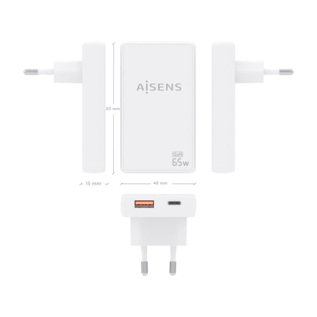 Detail van de Aisens Powerbank 65W in wit, met afmetingen en aansluitingen weergegeven.